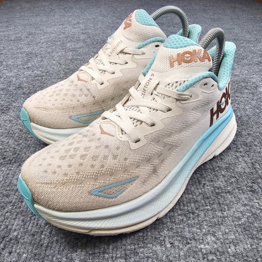 Hoka One One Clifton 9 1127896 FTRS Running Shoes Sneakers Women 6B Oatmeal Blue